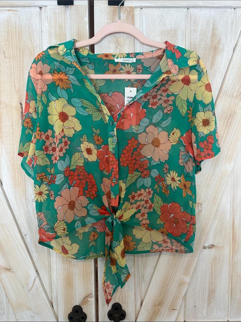 Timing Green Floral Tie-Front Button Shirt